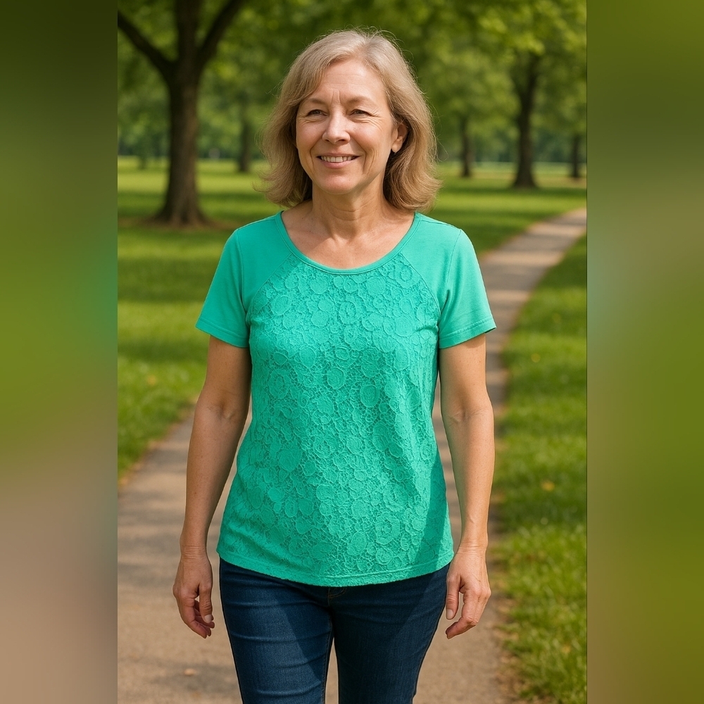 Small Mint Green Blouse with Chic Lace Overlay Style Short Sleeve Casual Mature
